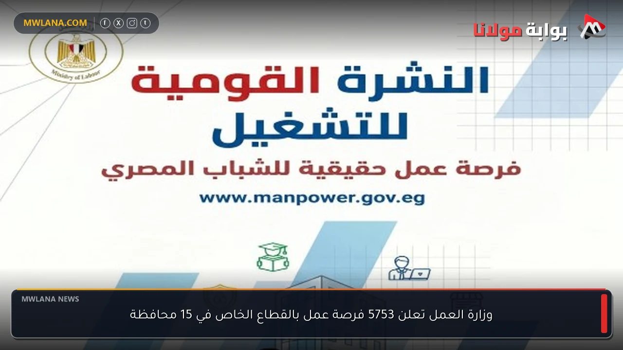 وزارة العمل تعلن 5753 فرصة عمل بالقطاع الخاص في 15 محافظة