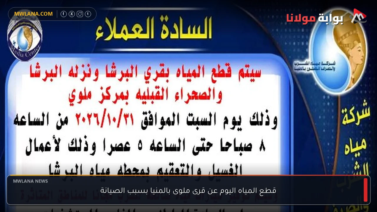 قطع المياه اليوم عن قرى ملوى بالمنيا بسبب الصيانة