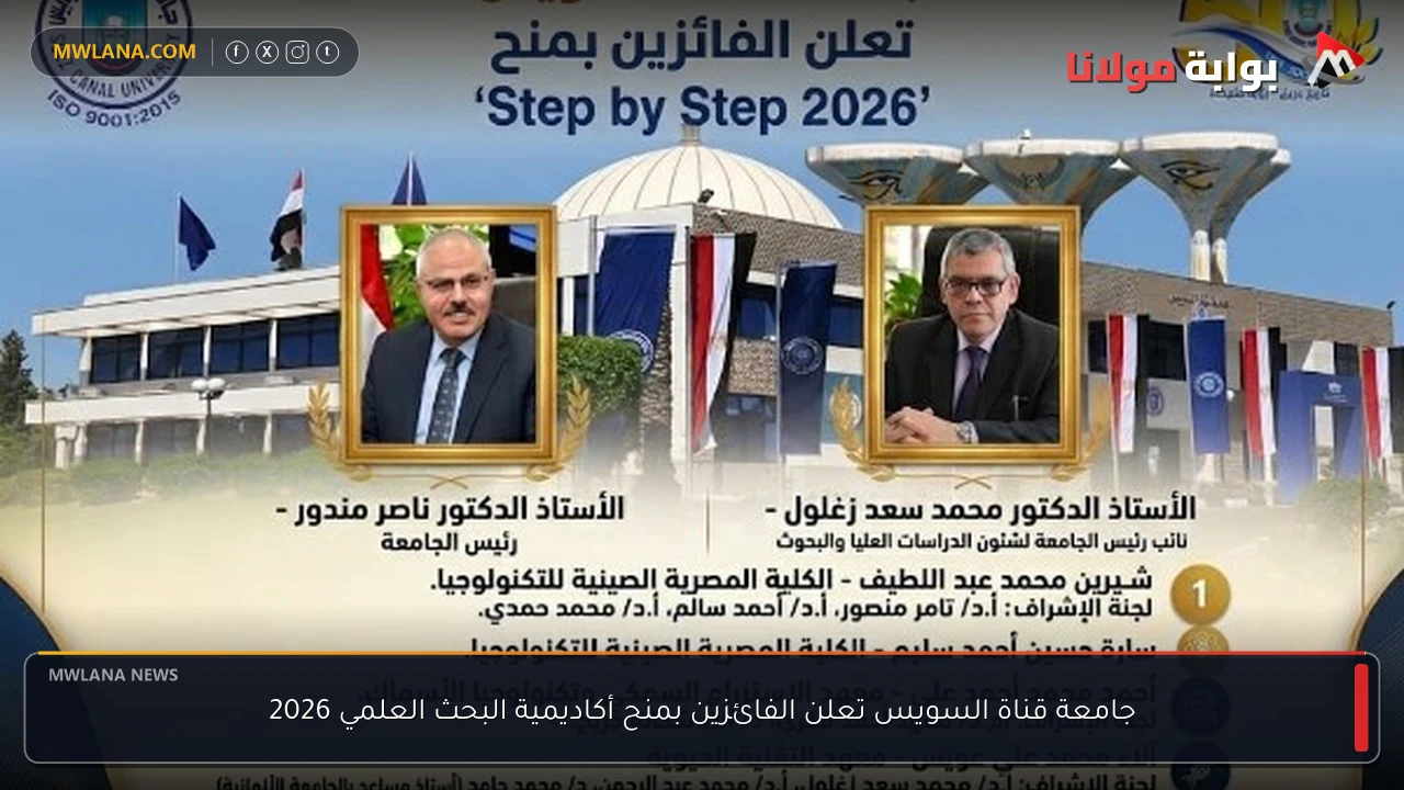 جامعة قناة السويس تعلن الفائزين بمنح أكاديمية البحث العلمي 2026