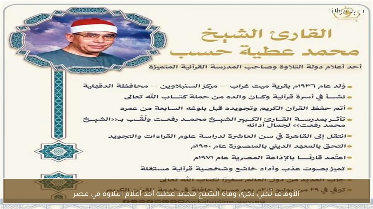 الأوقاف تُحيي ذكرى وفاة الشيخ محمد عطية أحد أعلام التلاوة في مصر