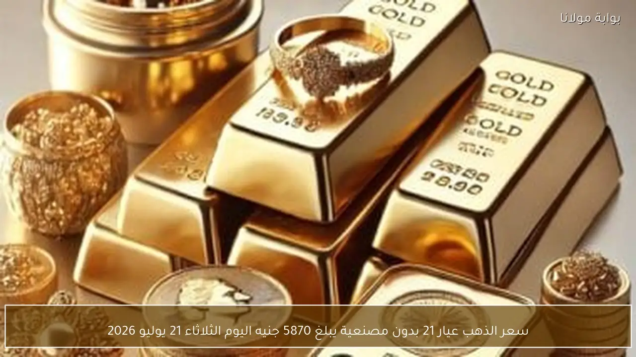 سعر الذهب عيار 21 بدون مصنعية يبلغ 5870 جنيه اليوم الثلاثاء 21 يوليو 2026