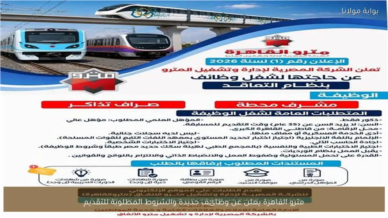 مترو القاهرة يعلن عن وظائف جديدة والشروط المطلوبة للتقديم