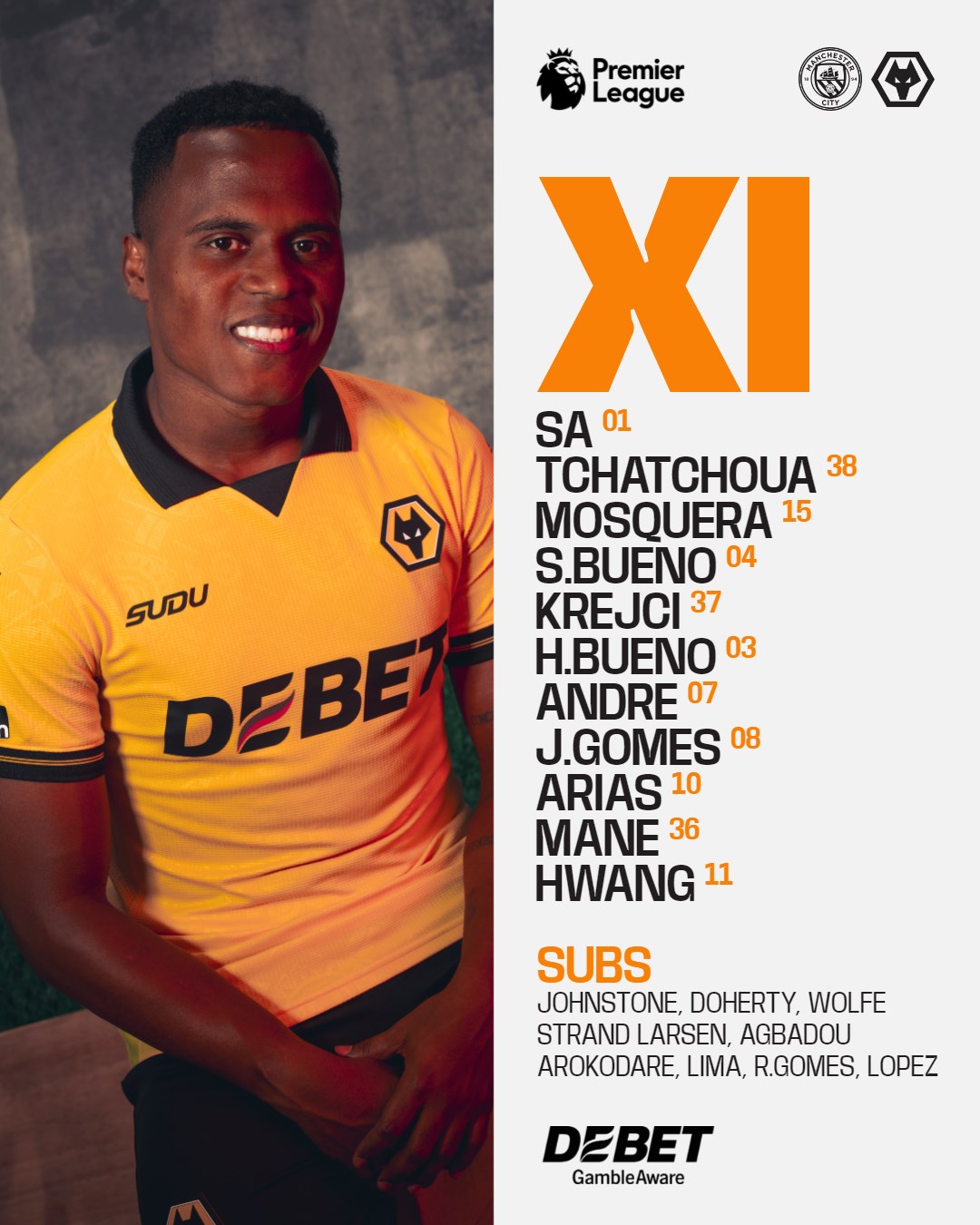 A line-up graphic with the Wolves team to face Man City today.
