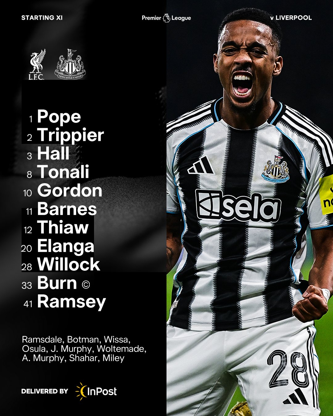 Newcastle United v Liverpool: Pope, Trippier, Hall, Tonali, Gordon, Barnes, Thiaw, Elanga, Willock, Burn, Ramsey