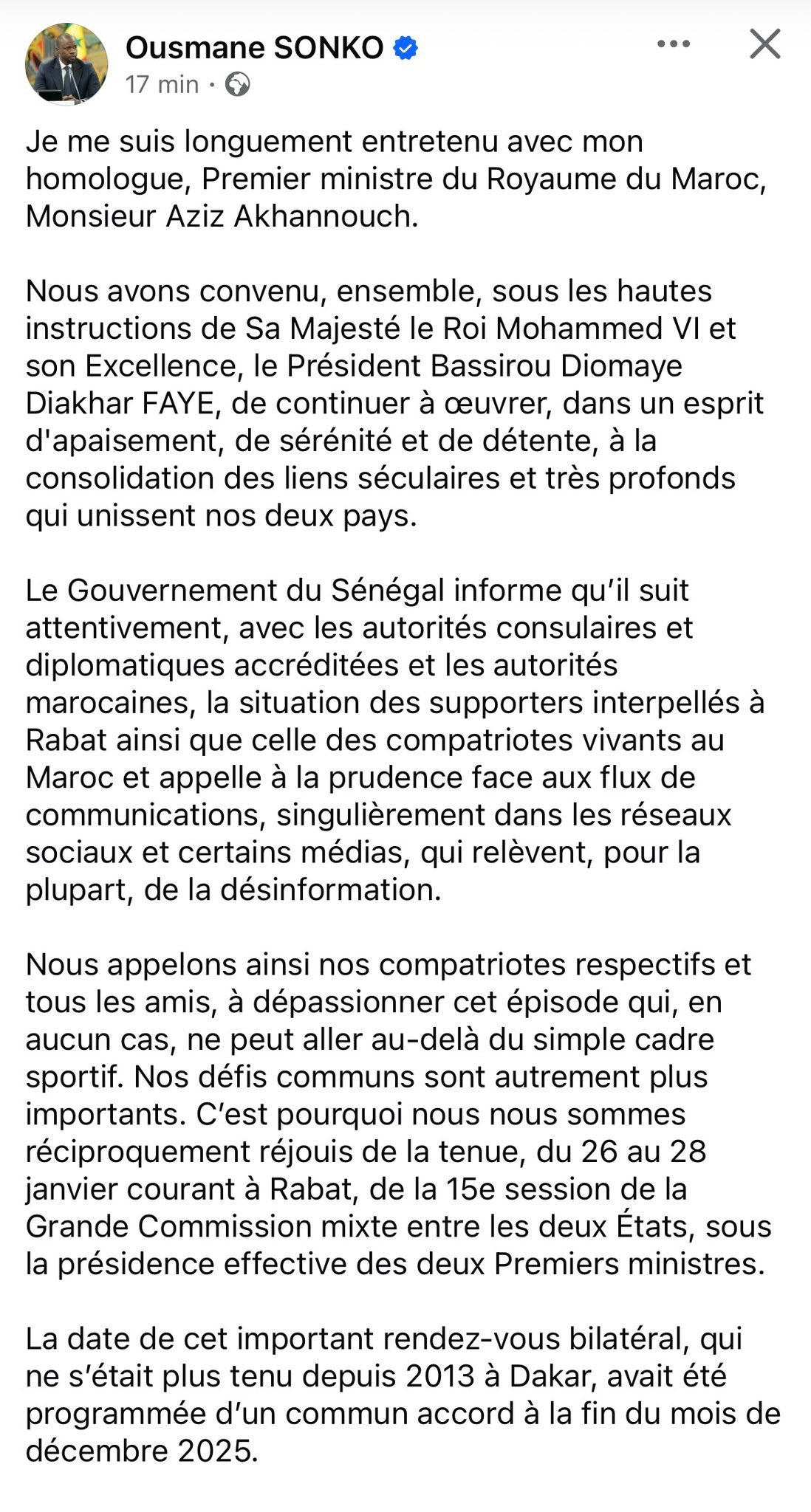 منشور رئيس الوزراء السنغالي عثمان سونكو بعد تتويج منتخب بلاده بكأس أمم إفريقيا 2025 على حساب المغرب - 21 يناير 2026