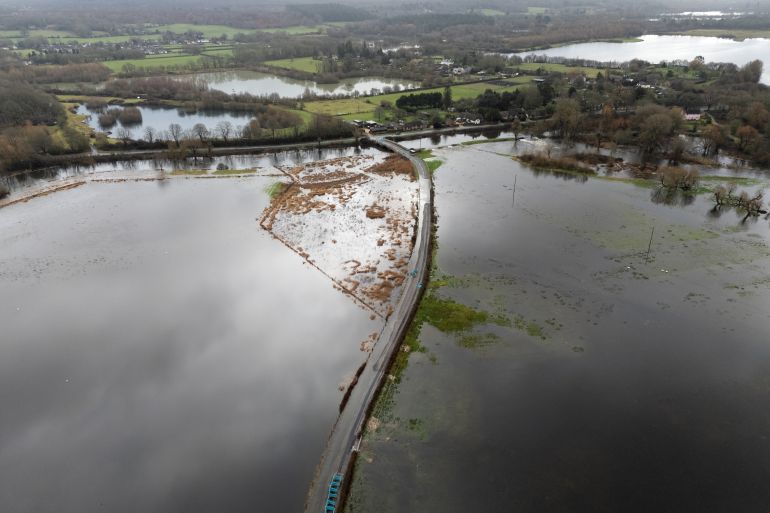 Flood water cover a road near to Harbridge in Hampshire. A yellow weather warning has been issued for rain covering a large part of the south east of England, as well as parts of the south west of England and South Wales. Picture date: Friday February 6, 2026. (Photo by Andrew Matthews/PA Images via Getty Images)