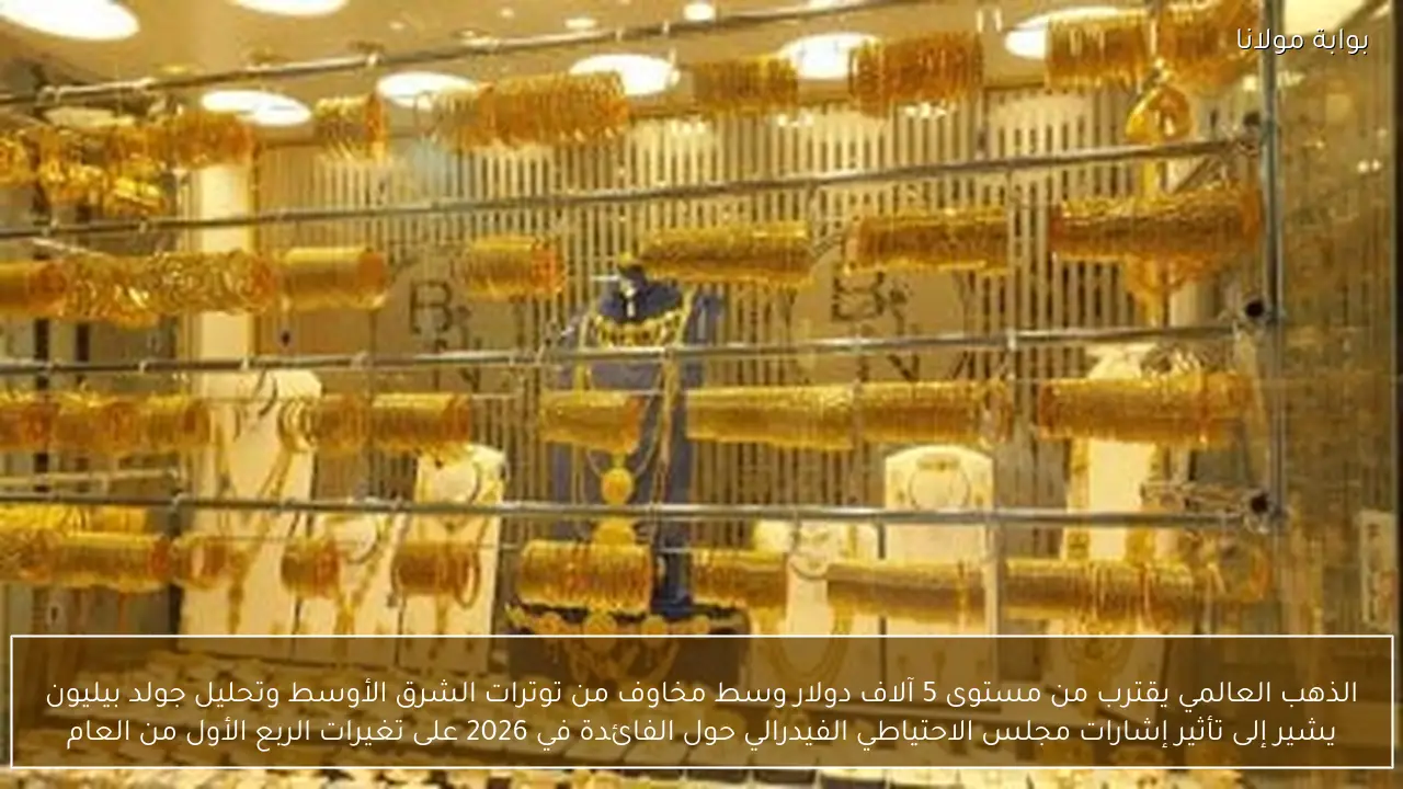 الذهب العالمي يقترب من مستوى 5 آلاف دولار وسط مخاوف من توترات الشرق الأوسط وتحليل جولد بيليون يشير إلى تأثير إشارات مجلس الاحتياطي الفيدرالي حول الفائدة في 2026 على تغيرات الربع الأول من العام