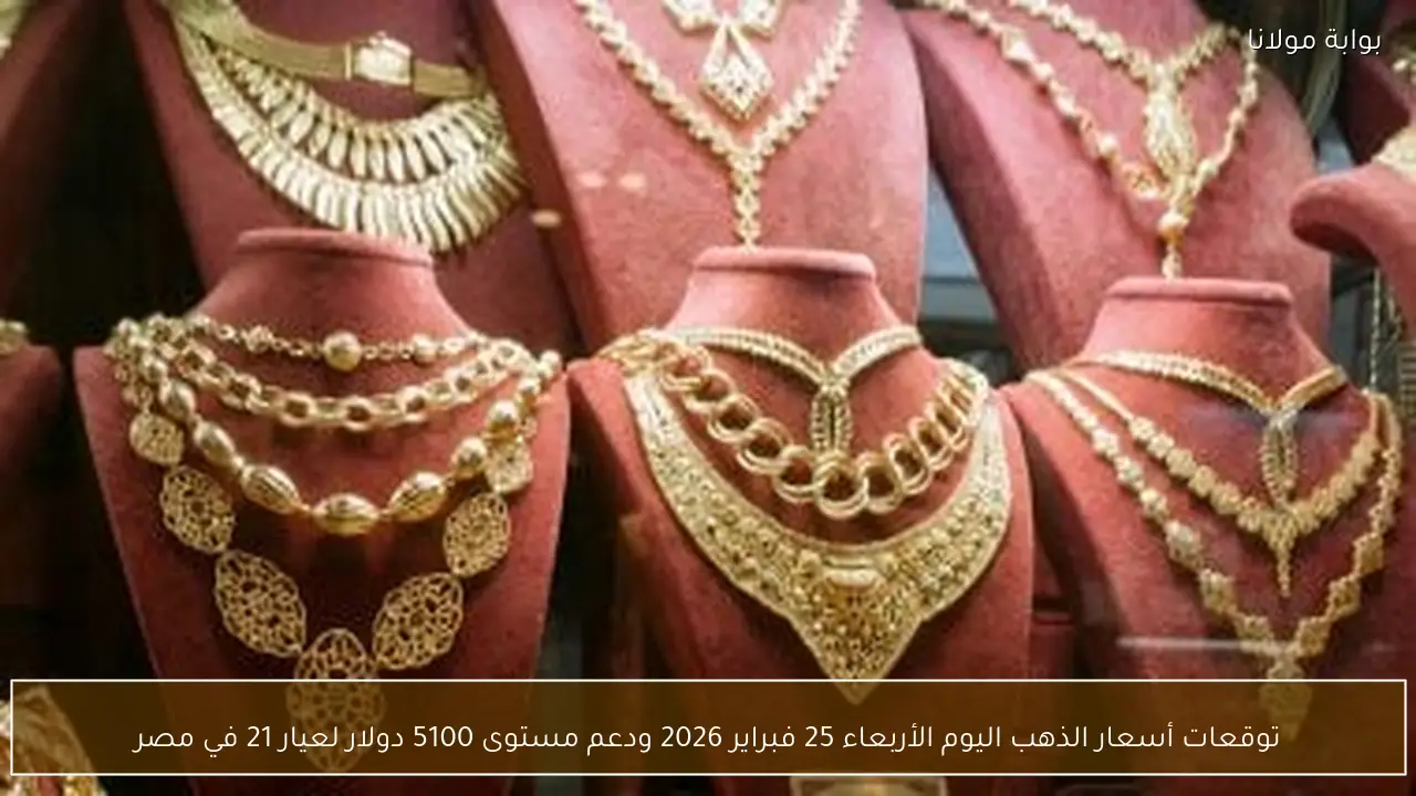 توقعات أسعار الذهب اليوم الأربعاء 25 فبراير 2026 ودعم مستوى 5100 دولار لعيار 21 في مصر