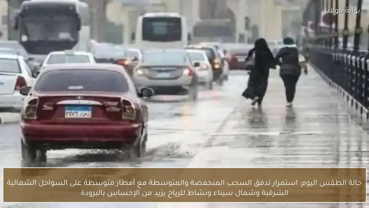 حالة الطقس اليوم: استمرار تدفق السحب المنخفضة والمتوسطة مع أمطار متوسطة على السواحل الشمالية الشرقية وشمال سيناء ونشاط للرياح يزيد من الإحساس بالبرودة