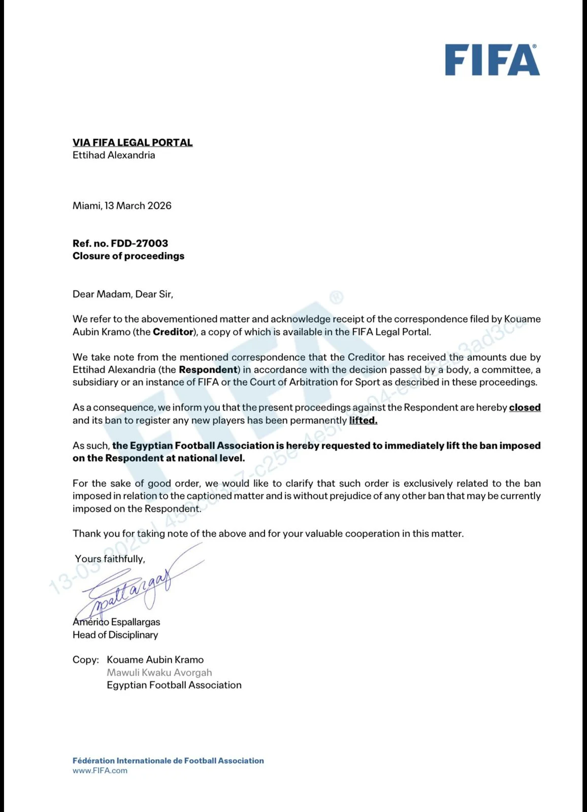 خطاب رفع إيقاف القيد عن الاتحاد السكندري