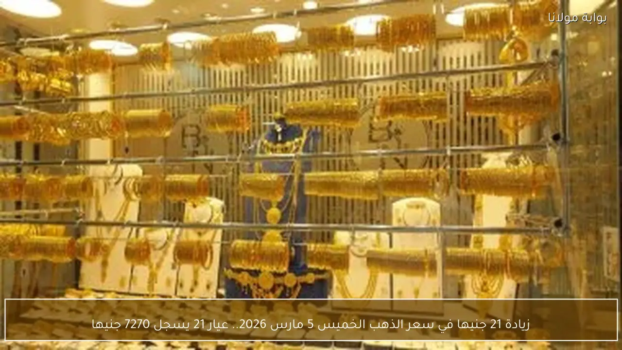 زيادة 21 جنيها في سعر الذهب الخميس 5 مارس 2026.. عيار 21 يسجل 7270 جنيها