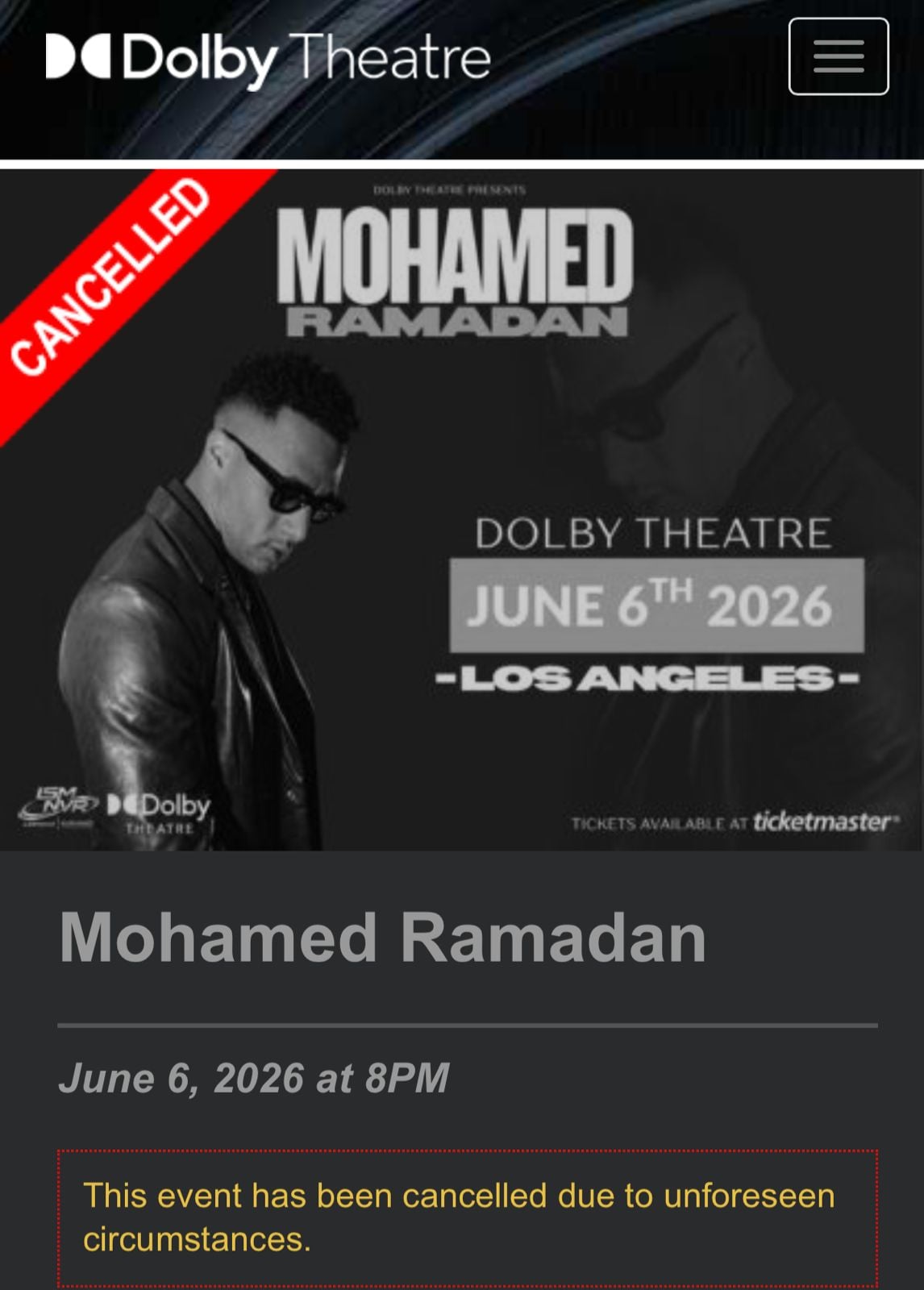 إلغاء حفل محمد رمضان بلوس انجلوس إلغاء حفل محمد رمضان في لوس انجلوس